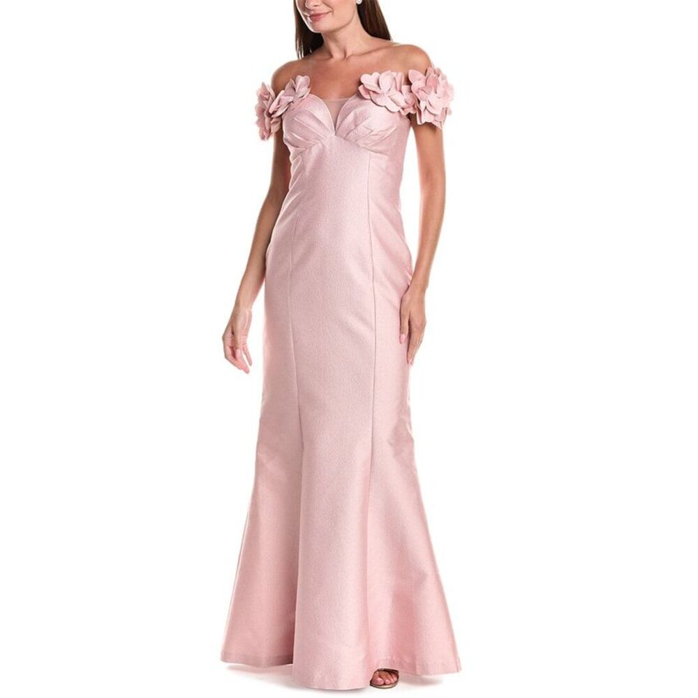 Teri Jon By Rickie Freeman Womens Jacquard Flower Petal Puff Shoulder Gown,